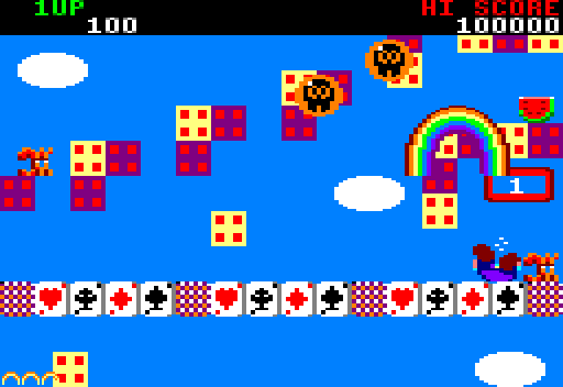 Round 15, Toy Island : des dés et des cartes à jouer dans le ciel