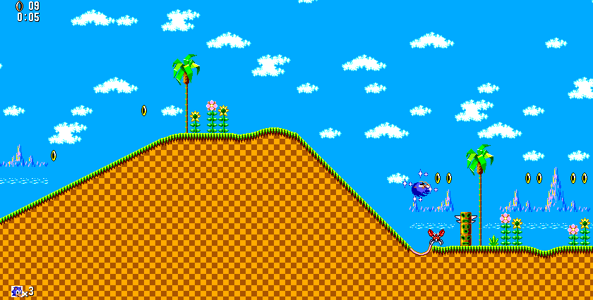 Sonic roulé en boule près des anneaux de Green Hill, un crabe sur le chemin