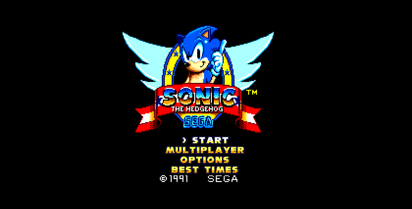 L'écran titre, avec le logo et le menu START, MULTIPLAYER, OPTIONS, BEST TIMES