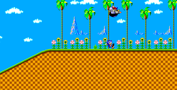 Le docteur dans sa machine volante, au-dessus de Sonic, à la fin de Green Hill