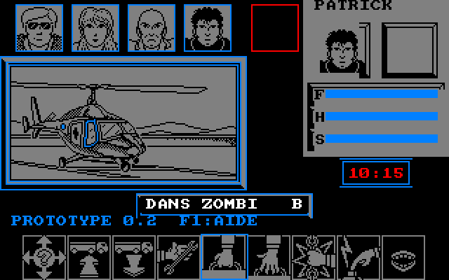 Interface du prototype : les quatre survivants et l’hélicoptère sur le toit, avec les graphismes CPC originaux
